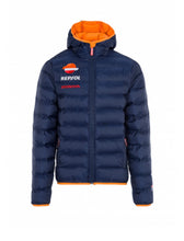 Load image into Gallery viewer, Repsol Honda jacket from the official collection. Blue hooded jacket with orange details.
